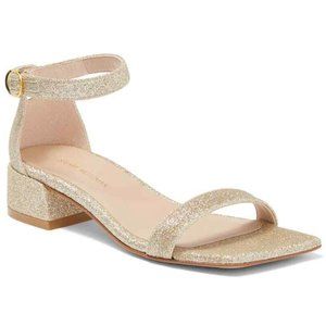 NWT [STUART WEITZMAN] Nudistjune Square Toe Sandal in Champagne Gold Sparkle (7)